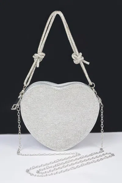 Fashnzfab Rhinestone Heart Shape Clutch In Silver