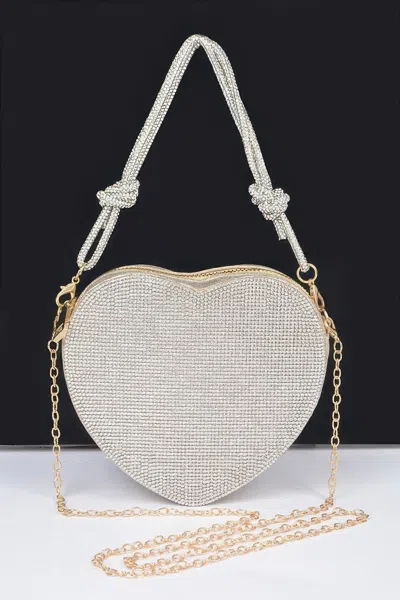 Fashnzfab Rhinestone Heart Shape Clutch In White
