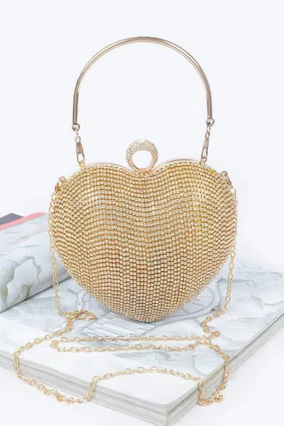 Fashnzfab Rhinestone Heart Shape Party Clutch In Gold