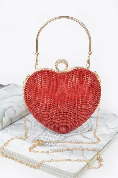Fashnzfab Rhinestone Heart Shape Party Clutch In Red