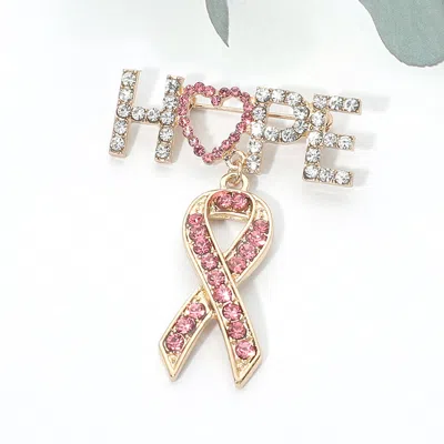 Fashnzfab Rhinestone Hope Pink Awareness Ribbon Pin Brooch In Gold