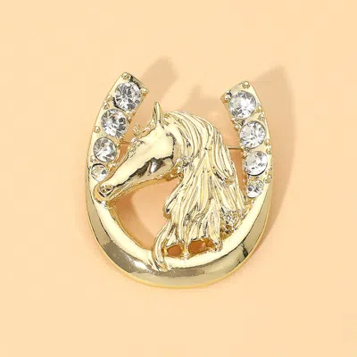 Fashnzfab Rhinestone Horseshoe Horse Pin Brooch In Gold