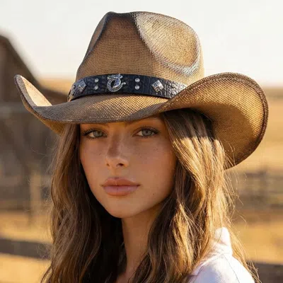 Fashnzfab Rhinestone Horseshoe Studded Faux Leather And Vintage Western Straw Cowboy Hat In Brown
