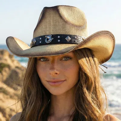 Fashnzfab Rhinestone Horseshoe Studded Faux Leather And Vintage Western Straw Cowboy Hat In Brown