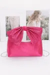 Fashnzfab Rhinestone Hotfix Bow Handle Nylon Clutch In Pink