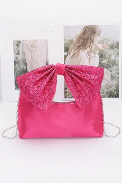 Fashnzfab Rhinestone Hotfix Bow Handle Nylon Clutch In Pink