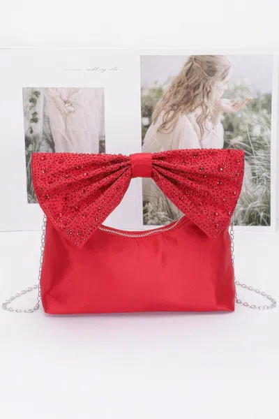 Fashnzfab Rhinestone Hotfix Bow Handle Nylon Clutch In Red