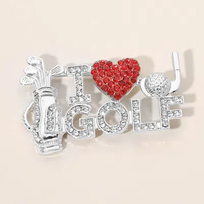 Fashnzfab Rhinestone I Love Golf Pin Brooch In Red
