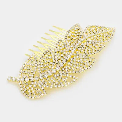 Fashnzfab Rhinestone Leaf Hair Comb 4.5" X 2.5" In Gold