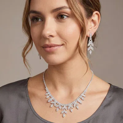 Fashnzfab Rhinestone Leaf Necklace In Silver