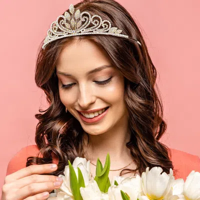 Fashnzfab Rhinestone Leaf Princess Tiara In White