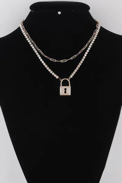 Fashnzfab Rhinestone Lined Lock Pendant Necklace In Multi