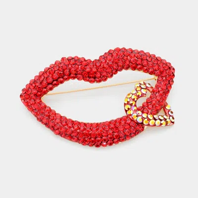 Fashnzfab Rhinestone Lip Heart Pin Brooch In Red