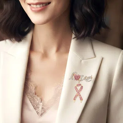 Fashnzfab Rhinestone Love Pink Awareness Ribbon Pin Brooch In Metallic