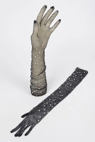 Fashnzfab Rhinestone Mesh Long Gloves In Black