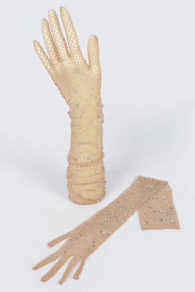 Fashnzfab Rhinestone Mesh Long Gloves In Gold