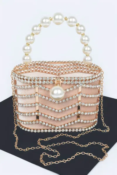 Fashnzfab Rhinestone Metal Frame Clutch In Beige