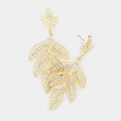 Fashnzfab Rhinestone Metal Leaf Earrings - Gold