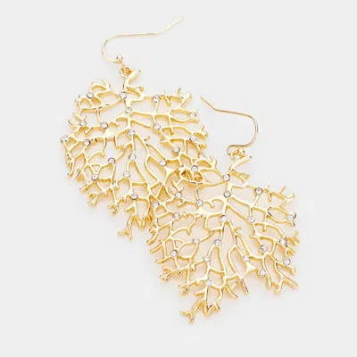 Fashnzfab Rhinestone Metal Leaf Earrings In Gold