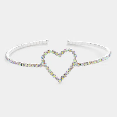 Fashnzfab Rhinestone Open Heart Cuff Bracelet Ab, Silver In Multi