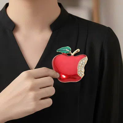 Fashnzfab Rhinestone Pave Apple Pin Brooch In Red