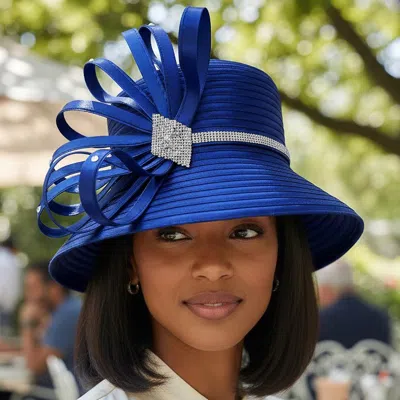 Fashnzfab Rhinestone Pave Band Elegant Ribbon Accent Wide Brim Statement Dressy Hat In Blue