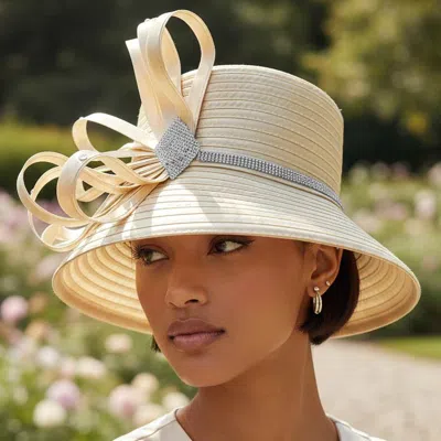Fashnzfab Rhinestone Pave Band Elegant Ribbon Accent Wide Brim Statement Dressy Hat In Neutral