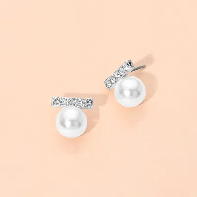 Fashnzfab Rhinestone Pave Bar Pearl Stud Earrings In Metallic