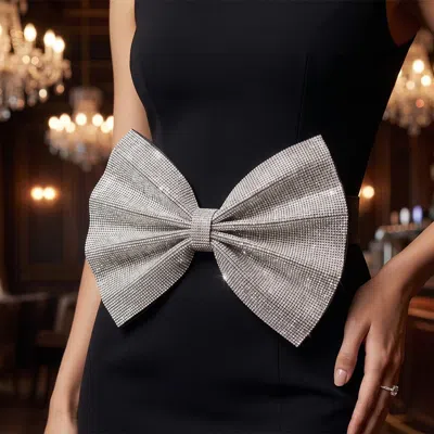 Fashnzfab Rhinestone Pave Bow Embellished Elastic Belt In Gray