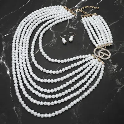 Fashnzfab Rhinestone Pave Charm Accent Multi Strand Pearl Statement Necklace