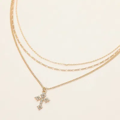 Fashnzfab Rhinestone Pave Cross Pendant Accent Multi Layered Necklace In Gold