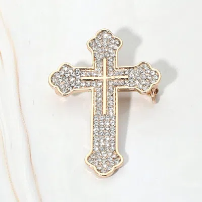 Fashnzfab Rhinestone Pave Cross Pin Brooch In Gold