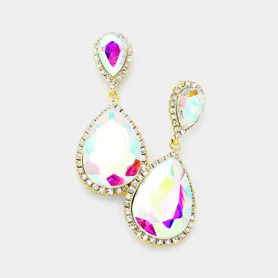 Fashnzfab Rhinestone Pave Double Crystal Teardrop Evening Earrings - Ab, Gold In Brown