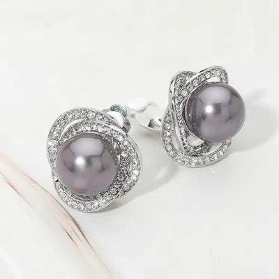 Fashnzfab Rhinestone Pave Double Halo Pearl Accent Clip On Earrings In Gray