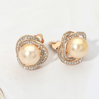 Fashnzfab Rhinestone Pave Double Halo Pearl Accent Clip On Earrings In Silver