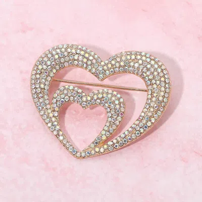 Fashnzfab Rhinestone Pave Double Layered Open Heart Pin Brooch In Pink
