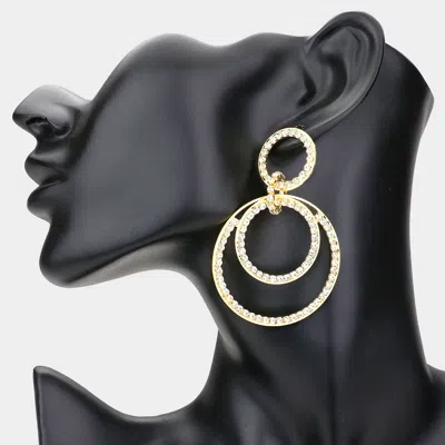 Fashnzfab Rhinestone Pave Double Open Circle Dangle Evening Earrings - Gold