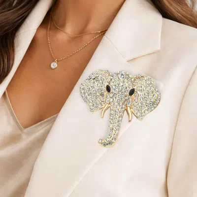 Fashnzfab Rhinestone Pave Elephant Pin Brooch In White