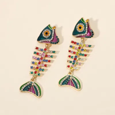 Fashnzfab Rhinestone Pave Fish Skeleton Statement Earrings In Multi