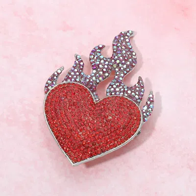 Fashnzfab Rhinestone Pave Flame Heart Pin Brooch In Red