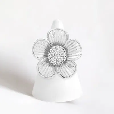 Fashnzfab Rhinestone Pave Flower Stretch Ring In Metallic