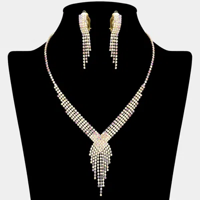 Fashnzfab Rhinestone Pave Fringe Necklace & Clip Earring Set In Multi