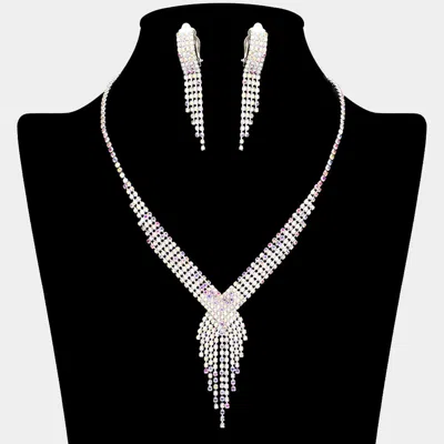 Fashnzfab Rhinestone Pave Fringe Necklace & Clip Earring Set In Silver