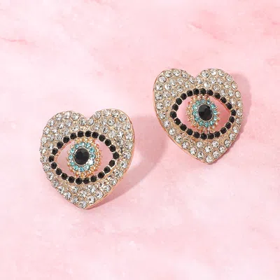 Fashnzfab Rhinestone Pave Heart Evil Eye Earrings In Gold