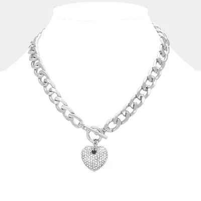 Fashnzfab Rhinestone Pave Heart Pendant Toggle Necklace In Silver