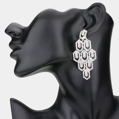 Fashnzfab Rhinestone Pave Hexagon Link Statement Evening Earrings - Ab, Silver In Metallic