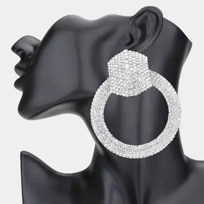 Fashnzfab Rhinestone Pave Hexagon Open Circle Evening Earrings - Rhodium In Metallic