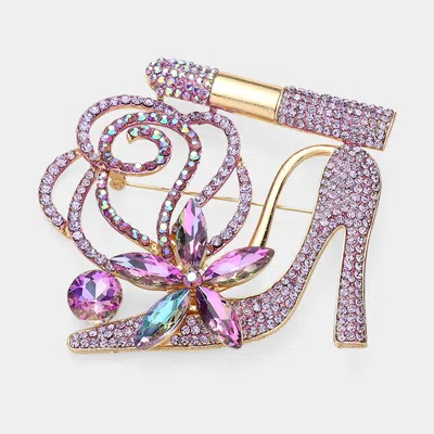 Fashnzfab Rhinestone Pave High Heel Flower Lipstick Brooch In Gold
