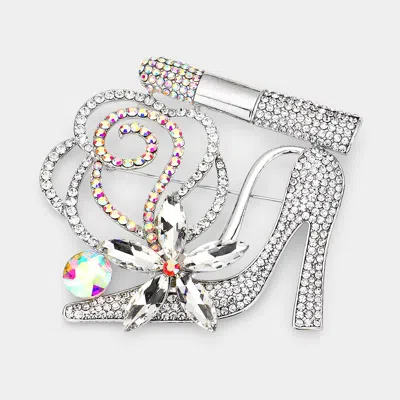 Fashnzfab Rhinestone Pave High Heel Flower Lipstick Brooch In Silver