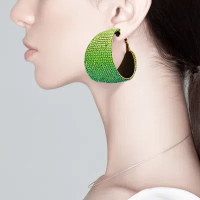 Fashnzfab Rhinestone Pave Hoop Evening Earrings - Green